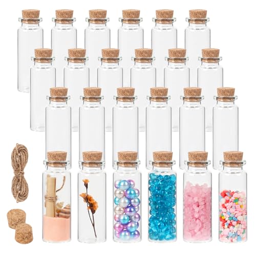 12 ml Small Glass Bottles with Cork, 24 Pack Mini Vials with Twine & Extra Cork Stoppers, Tiny Glass Bottles for Theme Party, Sand