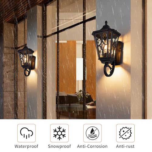 Image of 23 inch Outdoor Wall Light Fixtures,Exterior Waterproof Wall Lantern, Porch Sconces Lighting with E26 Socket & Water Ripple Glass Shades,Matte Black Outside Wall Lantern Light for House Front Door Garage