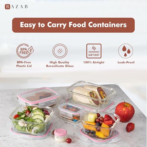 Image of Razab 35 Pc Set Glass Food Storage Containers with Lids - Meal Prep Airtight Bento Boxes BPA-Free 100% Leak Proof (15 lids,15 glass & 5 Plastic Sauce /Dip Containers)