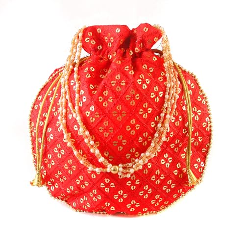 Image of Handcrafted Potli Purse with Golden Floral Embroidery and Pearl Accents