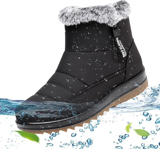 Fleece Lining Ankle Boots for Women,Winter Non-Slip Walking Snow Ankle Booties Waterproof Anti-slip Classic Fur Booties