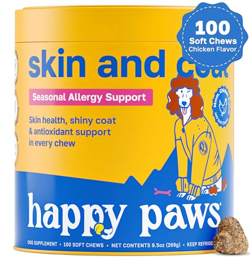 Happy Paws Skin and Coat Supplement for Dogs, Soft Chews with Biotin, Coconut Oil, Vitamins B & E, Organic Coral Calcium, P-18 Probiotics, Sweet Potato, Vegan, Organic, Chicken Flavored, 100 Count