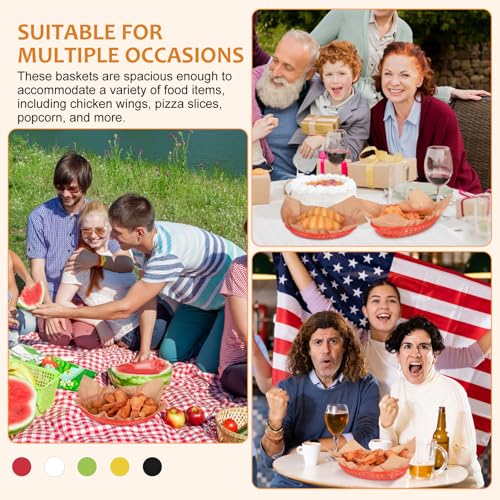 MEOTAKILE 20 Pack Plastic Fast Food Baskets, 8.8\" × 5.5\" Small Oval Restaurant Serving Baskets Tray for Burgers, Sandwiches, Hot Dogs, Parties, Food Trucks, Reusable or Disposable, Stackable(Red)