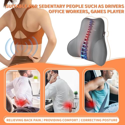 Image of Coverado Lumbar Support Pillow for Car Seat Driver, Leather Car Seat Cushions for Driving Back Pain, Detachable Memory Foam Upper Lower Car Back Support Gray