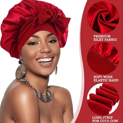 FOLAI 2 Stück Schlafmütze Satin Bonnet Nacht Schlaf Mütze Verstellbare Schlafkappe Kopfbedeckung Weiche Kopfhaube Schlafhaube Seide mit Gummizug für Damen und Mädchen(Schwarz+Rot)…