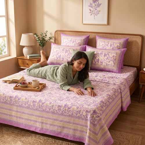 Image of Naksh Queen Size Bed Sheet Purple Floral Print 2 Pillow Covers | Purple Botanical Floral Print | Heritage Design for Queen Size Bedrooms