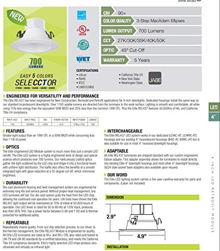 Elite REL437-CCT Series LED Retrofit Baffle Trim, Color SeleCCTor 2700K/3000K/3500K/4000K/5000K (White, 4") image 3