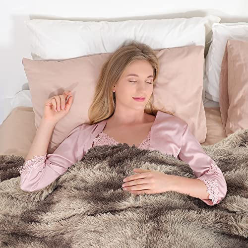 Image of Tuddrom Decorative Extra Soft Faux Fur Throw Blanket,Solid Reversible Fuzzy Lightweight Long Hair Shaggy Blanket,Fluffy Cozy Plush Fleece Comfy Microfiber Fur Blanket for Couch Sofa Bed,Tie Dye Brown
