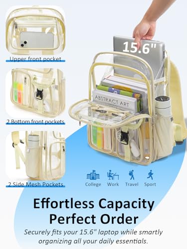 Image of Double-Layer Clear Backpack Heavy Duty, 17 Inch Large Clear Bookbag, Transparent See Through Backpack For School, Work, College, Travel, Sport- Beige