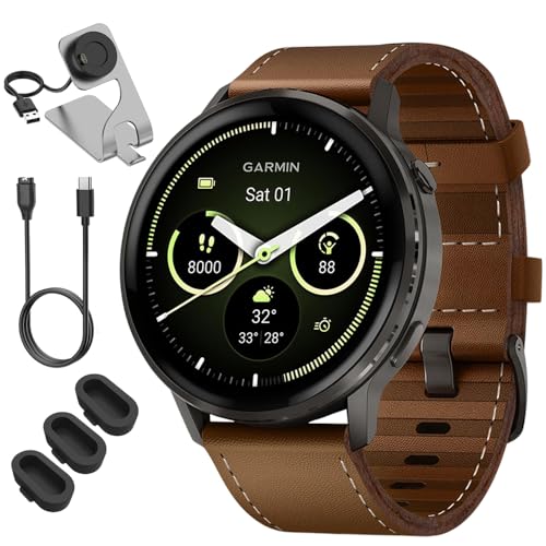 Garmin Venu 4 45mm Health and Fitness GPS Smartwatch, AMOLED, Slate with Black Band and Brown Leather Band, 010-03014-03 - Bundle w/Deco Essentials Charging Dock, Dust Cover and USB-C Cable