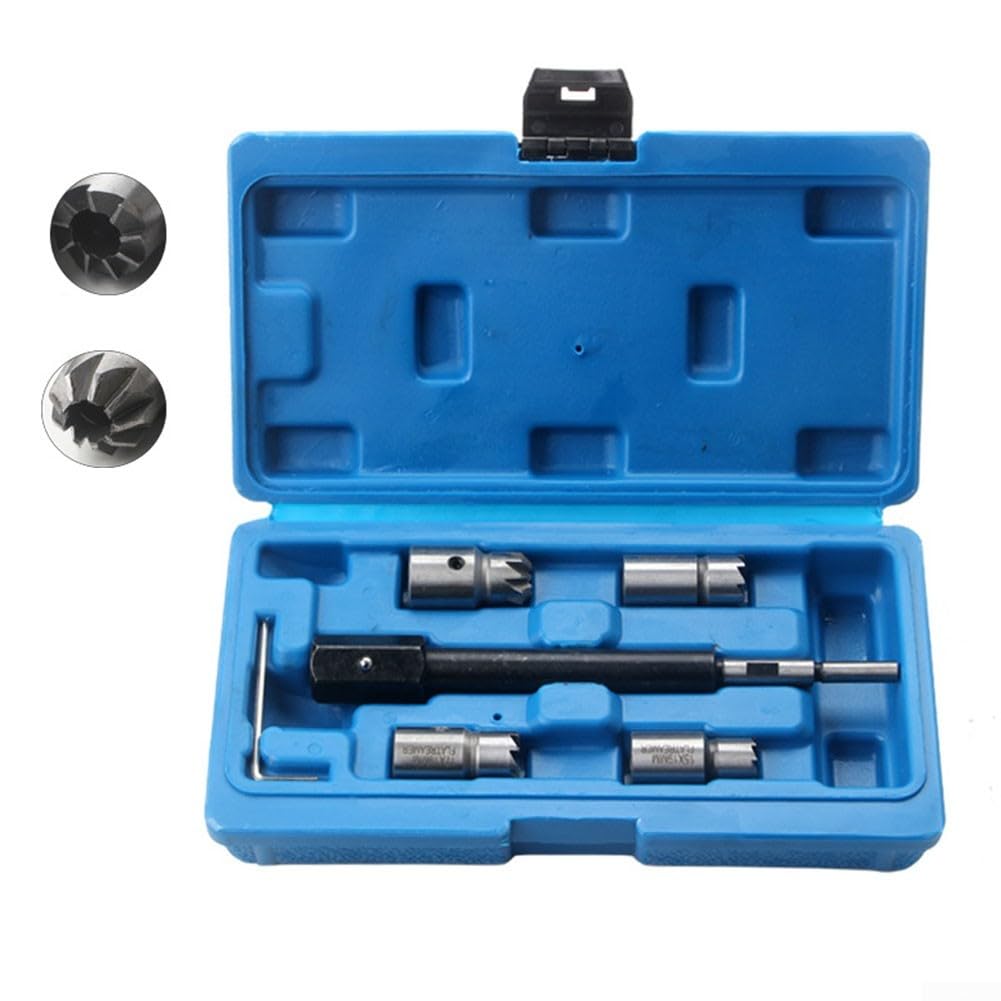 Besttoolifes Kit de herramientas de corte de asiento de inyector diésel de 5 piezas, limpiador de corte de carbono con llave hexagonal de escariador en ángulo plano para la mayoría de los coches