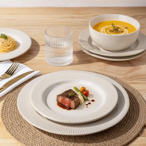 Image of GBHOME Ceramic Dinnerware Sets,12 pcs Embossed Elegant Stoneware Plates and Bowls Sets, Housewarming Wedding Gift | Dishwasher & Microwave Safe | Dishes Set Service for 4