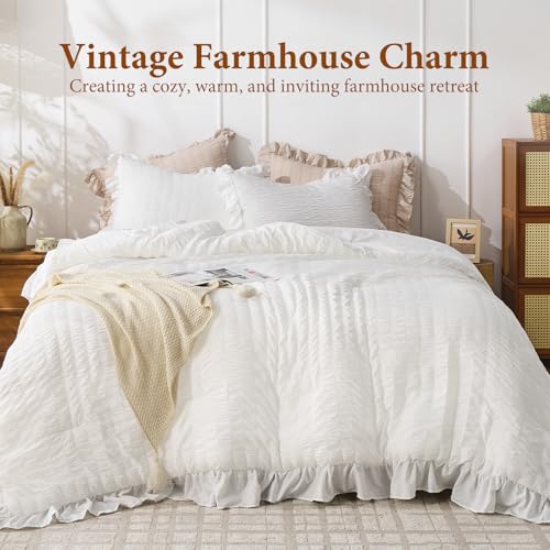 Image of JOLLYVOGUE Oversized Queen Comforter Set, 3 Pieces White Seersucker Comforters, Lightweight & Fluffy Bedding Sets for All Season with 1 Ruffle Comforter and 2 Ruffle Pillowshams