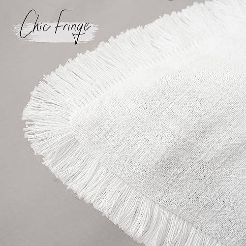 Image of Foindtower Set of 2 Decorative Linen Fringe Throw Pillow Covers Cozy Boho Farmhouse Cushion Cover with Tassels Soft Accent Pillowcase for Couch Sofa Bed Living Room Home Decor,22x22 Inch,White
