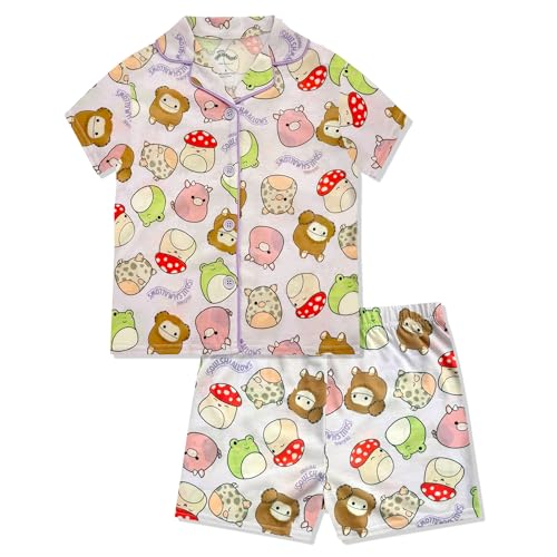 Squishmallows Girls Pajama Set - 2 Piece Cozy Girls Pjs with Button Down Short Sleeve & Shorts For Kids - Official Product
