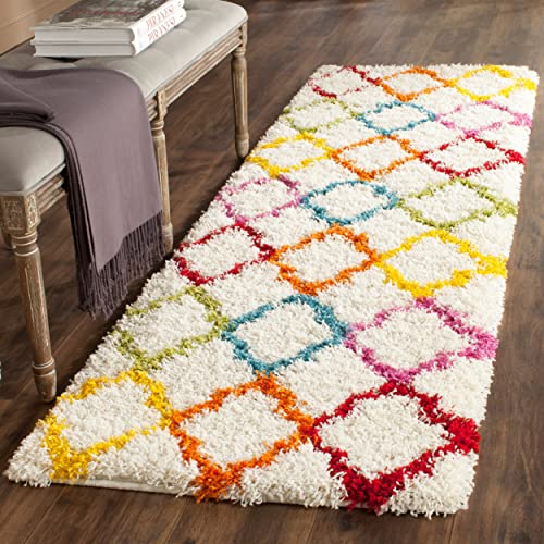 Safavieh Kids Shag Collection 2'3" X 9' Ivory/Multi Sgk569A Rainbow Moroccan Trellis Non-Shedding Living Room Bedroom Dining Room Entryway Plush 2-Inch Thick Runner Rug #TOP14