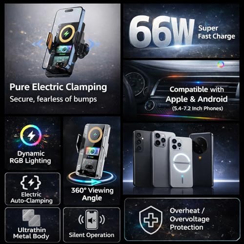 Image of GVC 66W Wireless Car Charger Mount with Auto-Clamping | Fast Charging Phone Holder for Car | 360 Rotation | Vent /Dashboard Mount | Compatible with iPhone & Android (Grey)