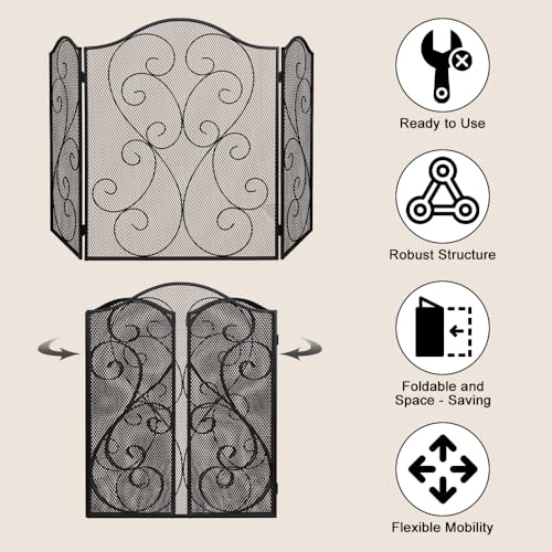 Image of Hogardeck Fireplace Screen, 3 Panel 48 inch x 30 inch Fireplace Cover for Living Room, Decorative Wrought Iron Fire Place Gate for Brick Fireplace, Baby Proof, Pet Safety