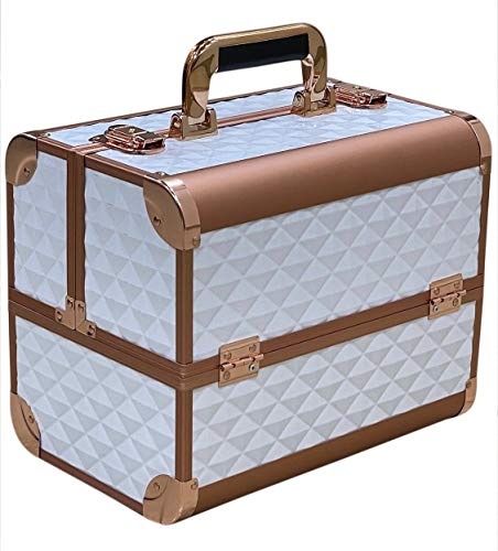Image of Adson Professional Makeup Box Cosmetics Case Jewelry Organiser Vanity Make Up Storage Box Beauty Train Case Lockable with Keys (White Rose Gold)