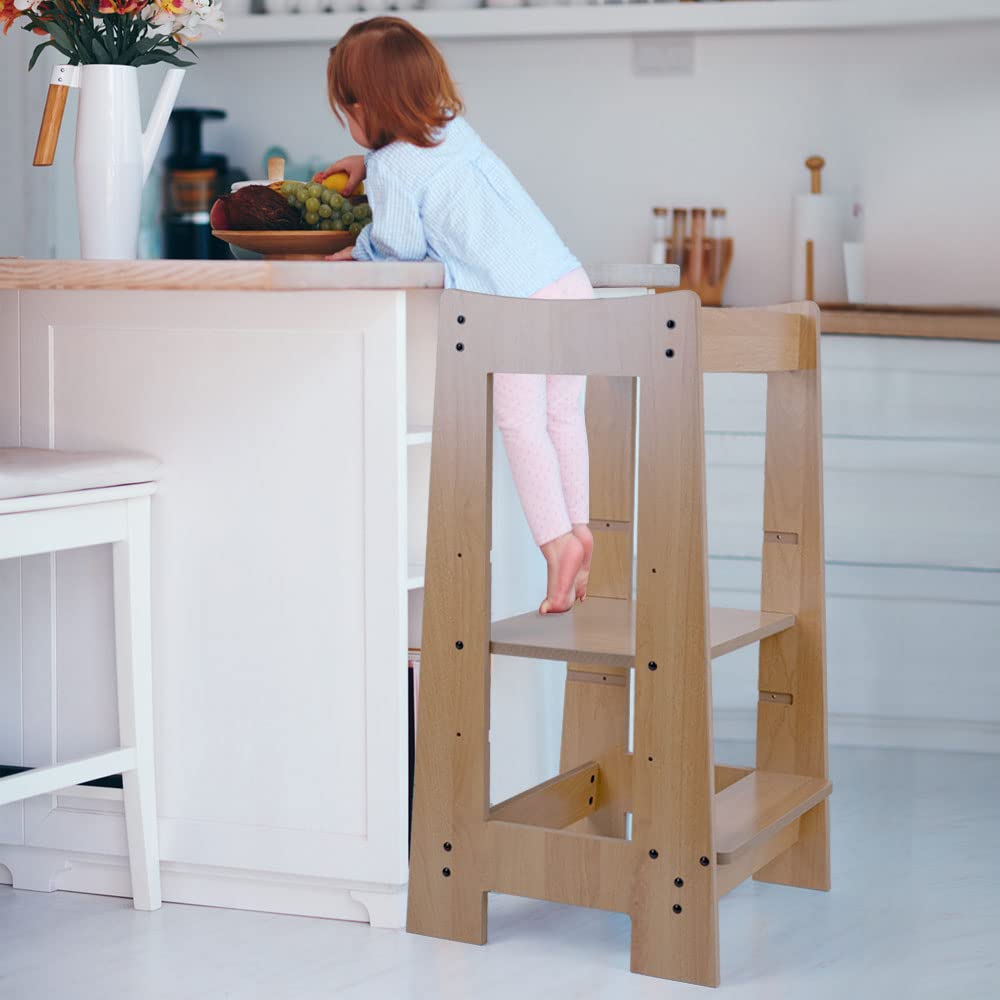etc-shop Lernturm Küchenhelfer für Kinder Holz Kinderschemel Tritthocker 3 Stufen höhenverstellbar, leicht zu reinigen, stabil, LxBxH 32x42x80 cm