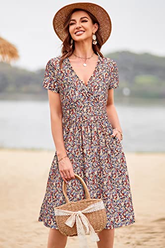 Image of Newshows Women's Pockets Wrap V Neck Floral Summer Vacation Casual Sundress | Wrinkle Free, Stretchy, Summer Beach Floral Sundress 2026, Casual Dress for Vacation, Guaduation, Side Pockets, A-line