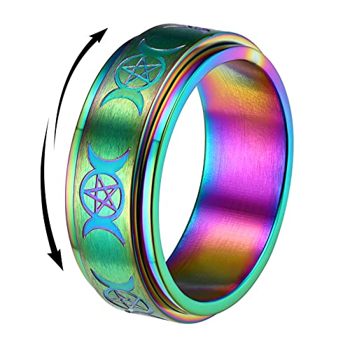 FindChic Stainless Steel Spinner Band Rings for Men Women Triple Moon/Mixed Color/18K Gold Plated Width 8mm Size 7 to 14 Engraved Personalized Rotatable Anxiety Ring, Send Gift Box 01. tripl