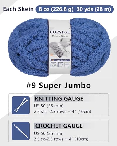Image of Cozyful Chunky Yarn for Hand Knitting, #9 Thick Jumbo Big Chunky Yarn for Crocheting, Super Chunky Knit Blanket Yarns, Large Chunky Chenille Yarns, 8 Pack (30 yds 8 oz Each Skein), Country Blue