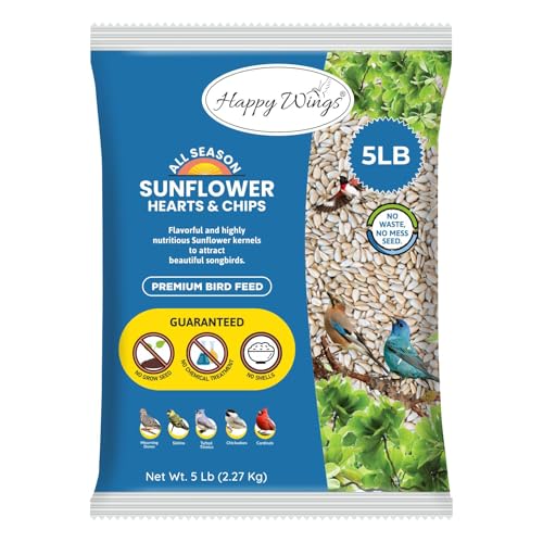 Happy Wings Sunflower Hearts & Chips - Sunflower Kernels and Chips Bird Food - 5 Lb No Mess, No Waste I No Grow Seed | Bird Seed for Wild Birds