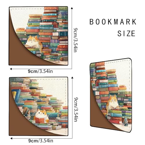 Image of Set of 2 Cute Cat Reading Bookmarks 3.54x3.54in Leather Square Book Markers Colorful Bookshelf Kitten Gift for Women Book Lovers Spring