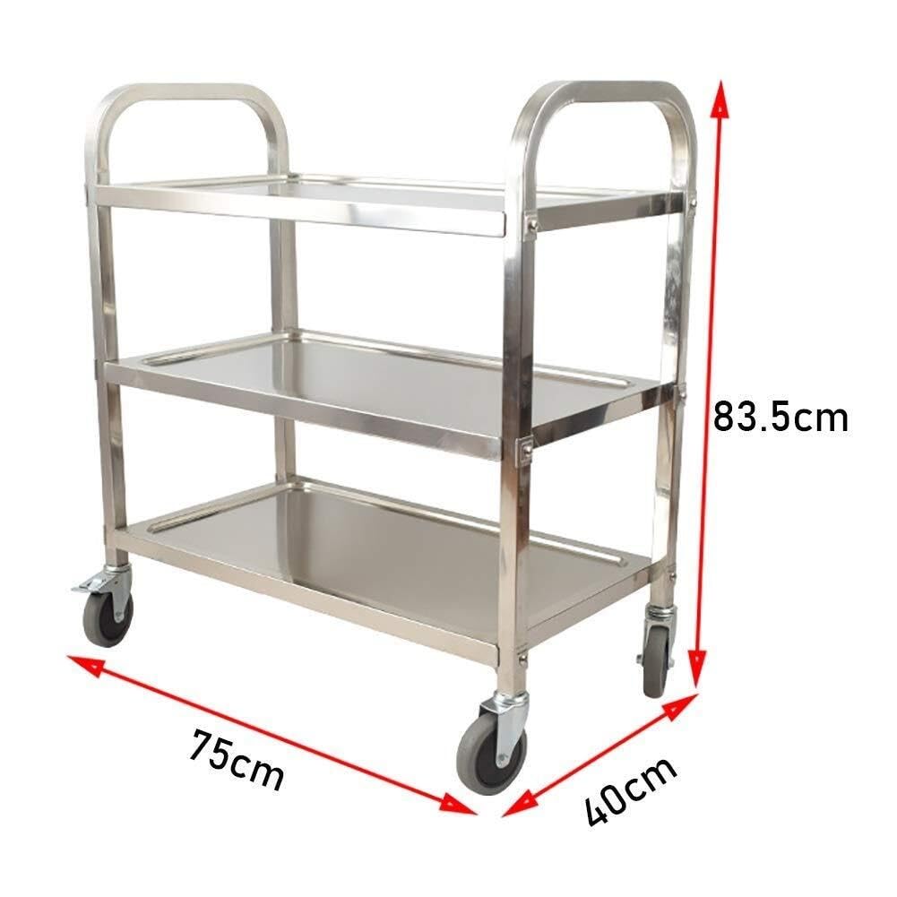 Chariot de Service Mobile à 3 Niveaux en Acier Inoxydable avec poignée Ergonomique et roulettes silencieuses avec Freins, idéal pour la Cuisine, l'hôtellerie, la restaura