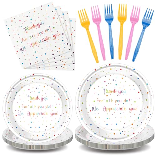 Geyoga 96 Pcs We Appreciate You Decoration Teacher Graduation Plate and Napkin Employee Appreciation Party Decorations Nurses Week 2026 Tableware for Principal Volunteer Staff(Rainbow Color Thankful)
