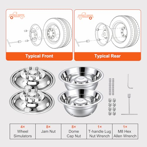 Image of CIRONBOW 19.5 inch 8 Lug 5 Holes,Wheel Simulators,Stainless Steel Bolt Kit,Fit for Pick-up Trucks Vans RV Hub Caps Rim Skin Chrome Cover Parts,Trunk Dually Wheel Cover Set(2003~2004 Ford F450 /F550)