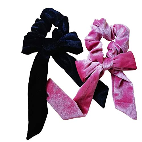 2pcs Cute Girl Hair Velvet large Scrunchies Bow Big Bowknot Scrunchie Women's Elastic Hair Ties Bands Ponytail Holder for Women and Girls (Pink + Black)