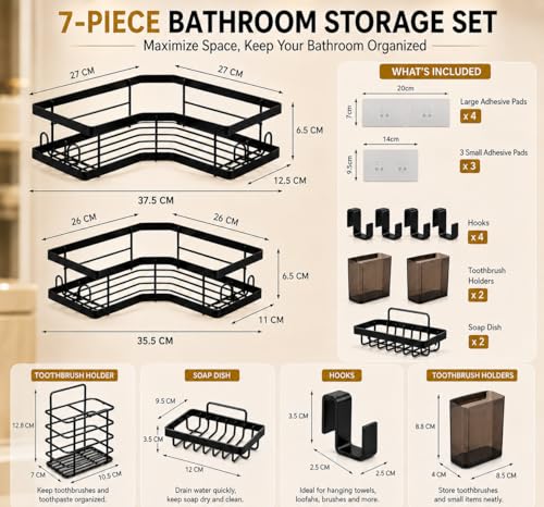 Image of 7Pcs Self Adhesive Bathroom Accessories Set, Bathroom Shelf Organizer Corner Shelf Toothbrush Holder Soap Holder & Storage Rack, No Drill Installation, Rustproof Bathroom Stand without drill
