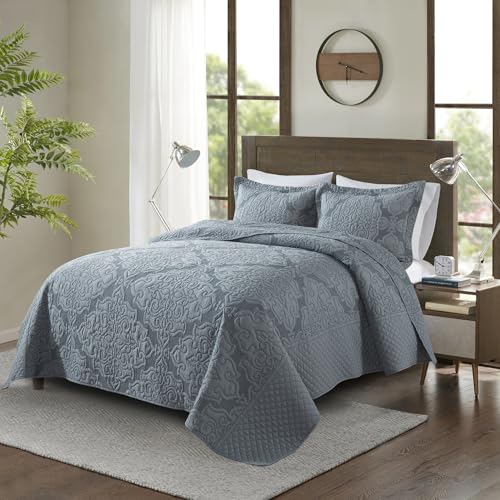 NEWLAKE Reversible Quilt Bedspread Embroidered Microfiber Coverlet Set,Jacquard Embossed Floral,Grey, King Size