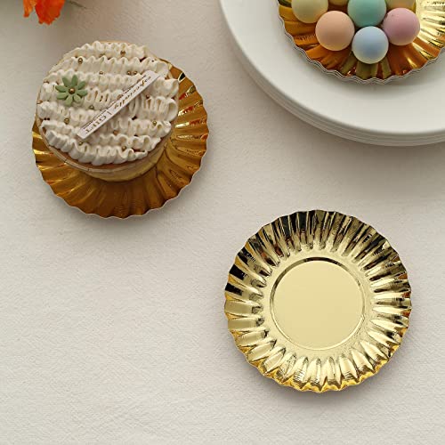 Efavormart 50 Pack | 3.5" Metallic Gold Scalloped Rim Mini Paper Dessert Plates, Disposable Round Tapas Party Plates - 250 Gsm #TOP12
