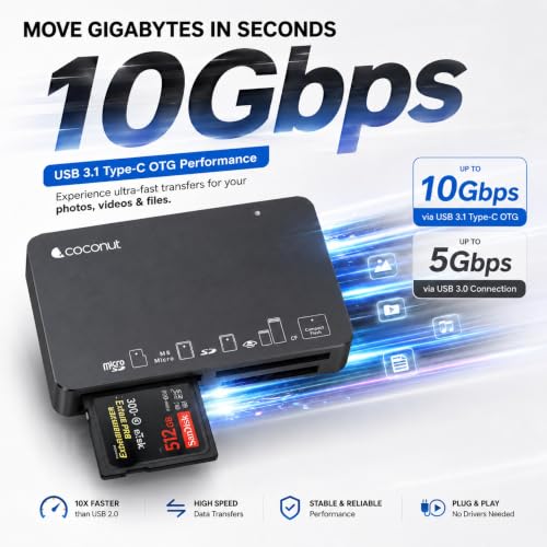 Image of Coconut CR11 USB 3.0 Card Reader with Type C 3.1 OTG, 6 in 1 Memory Card Adapter Compact Flash CF, TF, SD, MicroSD, SDHC, SDXC, MS Upto 10 Gbps Speed for Windows & Mac - PC Laptop Mobile - Black | 6 in 1 Memory Card Adapter, Compact Flash CF, TF, SD, MicroSD, SDHC, SDXC, MS, Upto 10 Gbps Speed