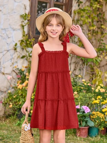 Haloumoning Girls Swiss Dot Spaghetti Strap Dress Kids Summer Flowy Sleeveless Ruffle Sundress 5-14 Years2
