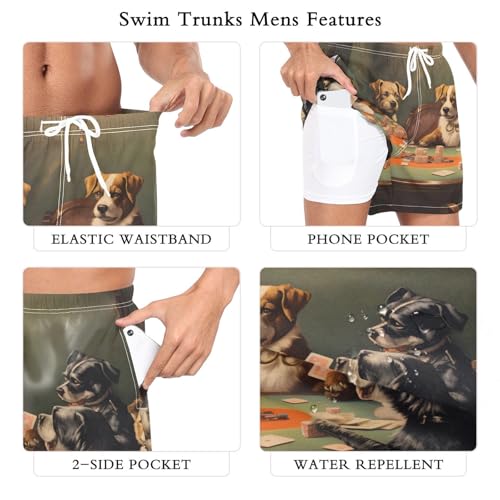Mens Swim Trunks with Liner, Poker Dogs Funny Cool Quick Dry Beach Swim Shorts, Swimwear Bathing Suits S3