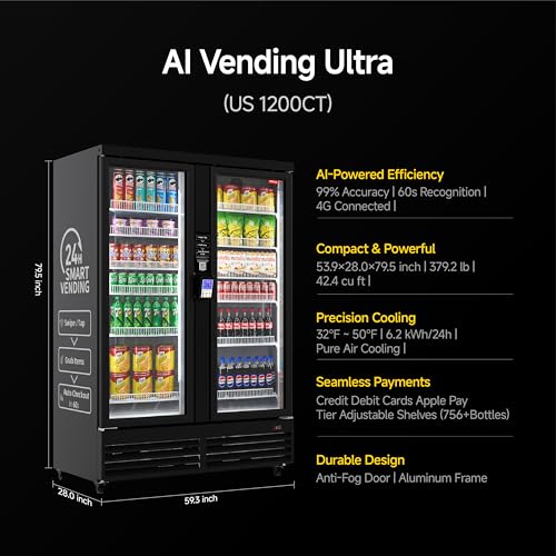 Image of HAHA Smart AI Vending Machine for Business Contactless Grab & Go, Multi-Item Combo Vending with APP Management & Cashless Payment US1200CT(Black, AI Ultra)