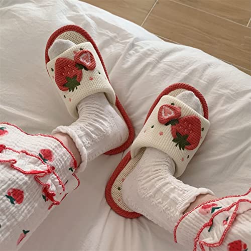 Cute Strawberry Slippers Indoor Linen House Slippers for Women Cotton Home Floor Slippers Open Toe Non-Slip Slides4