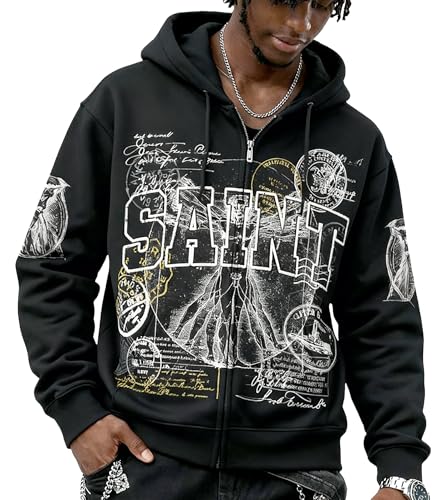 Sopula Studio Mens Zip Up Hoodie Graphic Long Sleeve Sweatshirt with Pockets Oversized Vintage Jackets Unisex Black