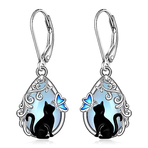 Cat Earrings Moonstone Black Cat Earrings for Women Sterling Silver Filigree Butterfly Dangle Drop Jewelry Leverback Halloween Christmas Gifts