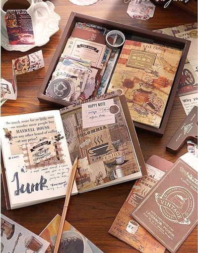 Image of VOTDOT (346Pcs) Paper Junk Journal & Scrapbook Kit, Scrapbooking Supplies Kit with Creative Decor Journaling Supplies, Stationery, Stickers, A6 Grid Notebook with Graph Ruled Page Gift for Girl (Coffee Scrapbook)