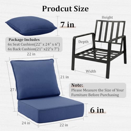 Image of 6 inch Thick Outdoor Chair Cushions, 22 x24 Inch Patio Furniture Cushions Set of 6 with Water Resistant & Removable Cover, UV Resistant, 30D High Density Sponge Patio Cushion