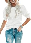 Oyamiki Femmes Puff Sweater manches courtes Tops Soft Lightweight Knit Blouse Crew Pullover Col Chemises