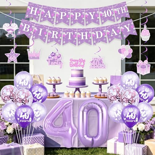 Decoración morada de cumpleaños 40 juego de pancarta globos y remolinos 3