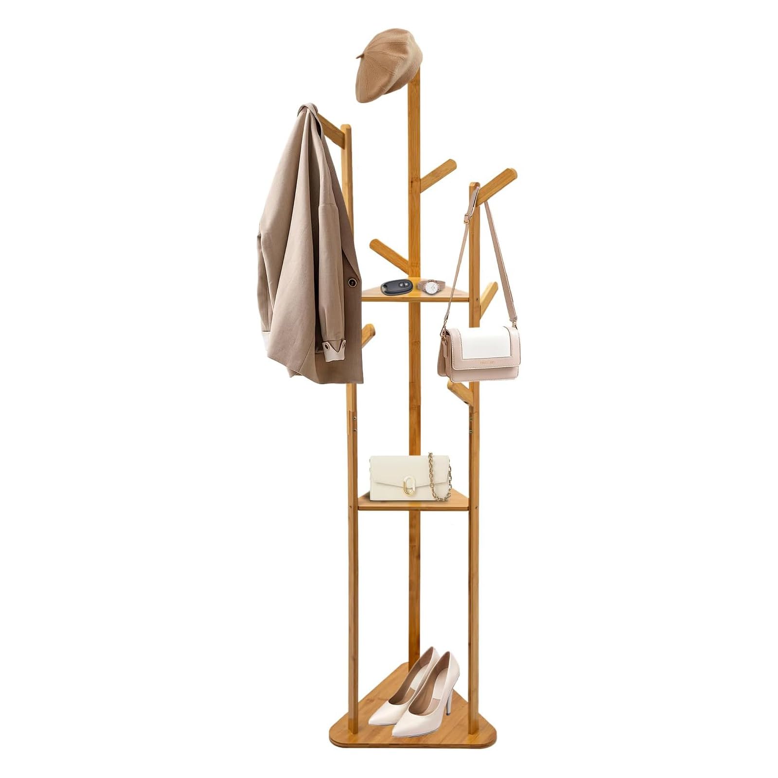CROWNSHOP Coat Rack Wooden Coat Stand Coat Stand for Small Space with 3 tier Storage Shelf and 8 Hooks Coat Hanger Stand for Hallway Office Hotel Natural Wood Color 170CM