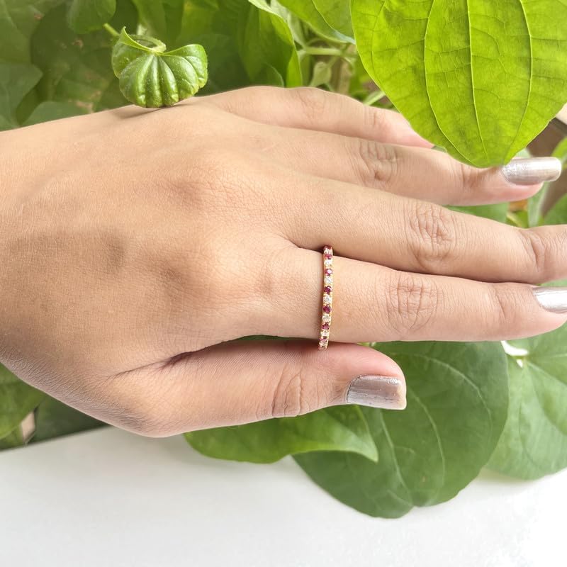 2 mm Ruby & White Diamond Half Eternity Wedding Band For Women, 14k Gold Finish Ruby Wedding Band, Ladies Alternate Diamond Ring