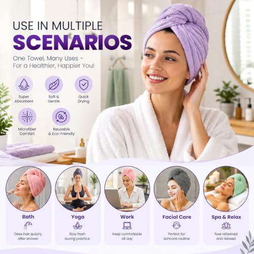 Image of Hair Towel Wrap for Women-Quick Drying Microfiber Towel for Hair with Elastic Loop for Tying-Super Absorbent Head Towels Wrap for Ladies Hair Turban (Pack 1, Purple)